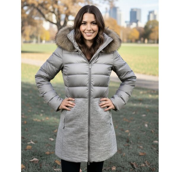 Soia & Kyo Valery-C Mixed Media Coat, Light Grey-Coyote Fur Ruff, Women's Size S - Picture 2 of 9